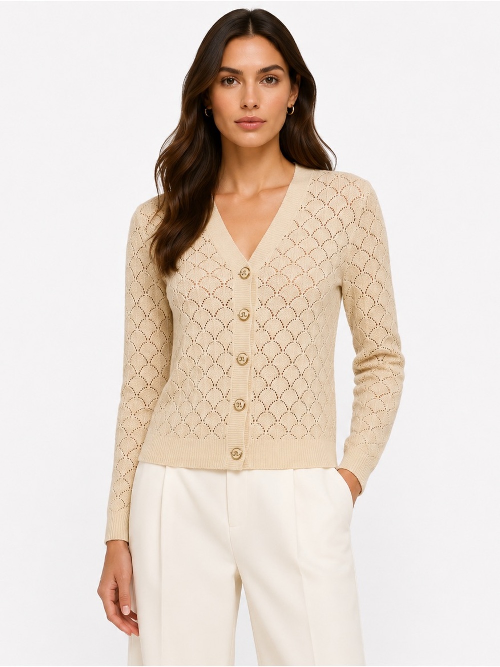 St. John Collection Marie Gray Open Knit Cardigan Sweater Petite Like New